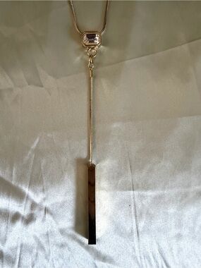 WHBM Gold Tone Long Bar Drop Necklace with Clear Stone Accent